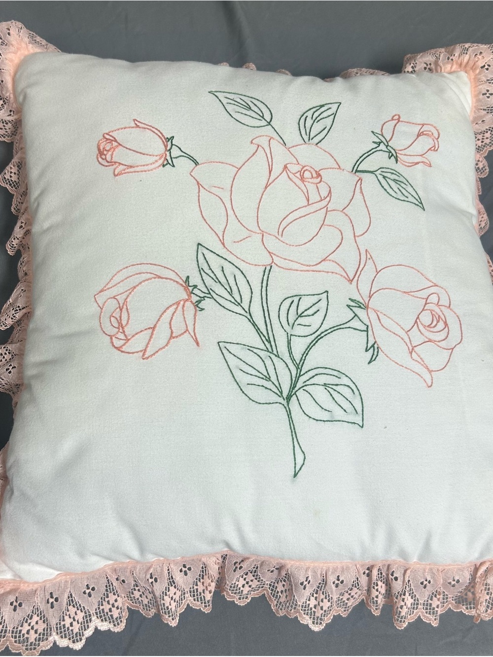 Vintage French Country Pillow Embroidered Rose Lace Trim Cottagecore 80s/90s